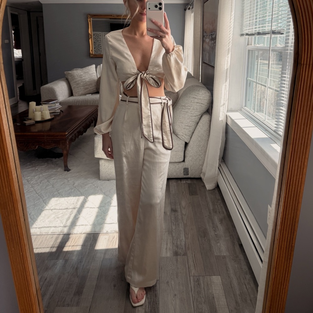 Tie-Front Crop Top and Wide-Leg Pants Set - Cream